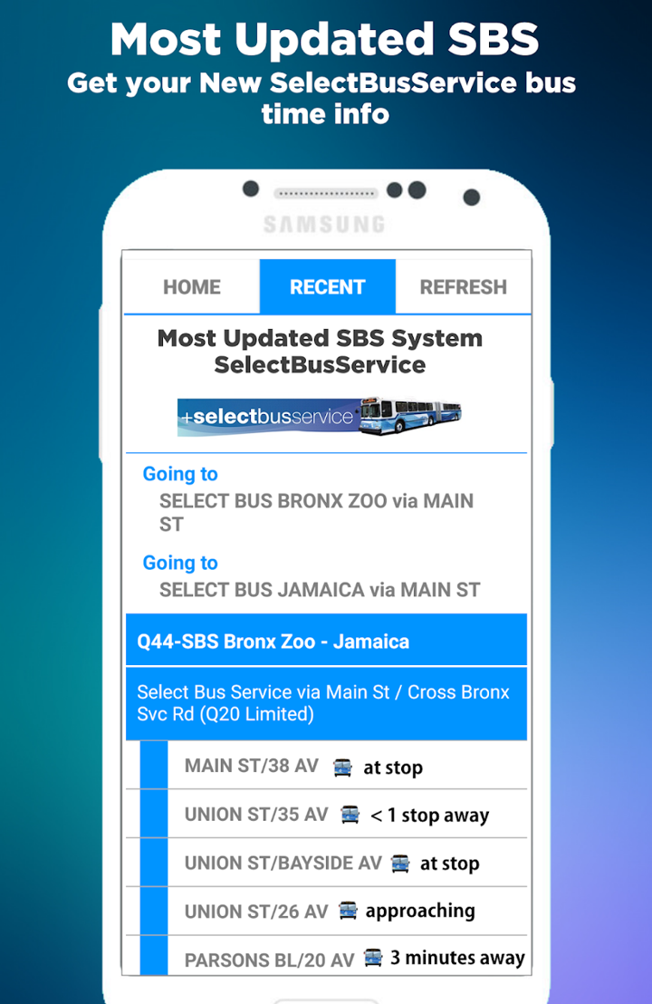 NYC Bus Time App showing live Select Bus Service arrival times for the Q44 route